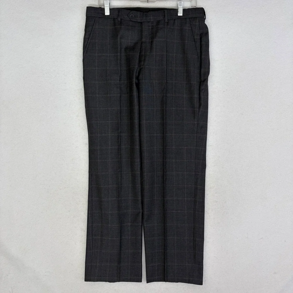 Armani Collezioni Dress Pants Mens 50R/34 Charcoal Grey Windowpane Wool Trousers